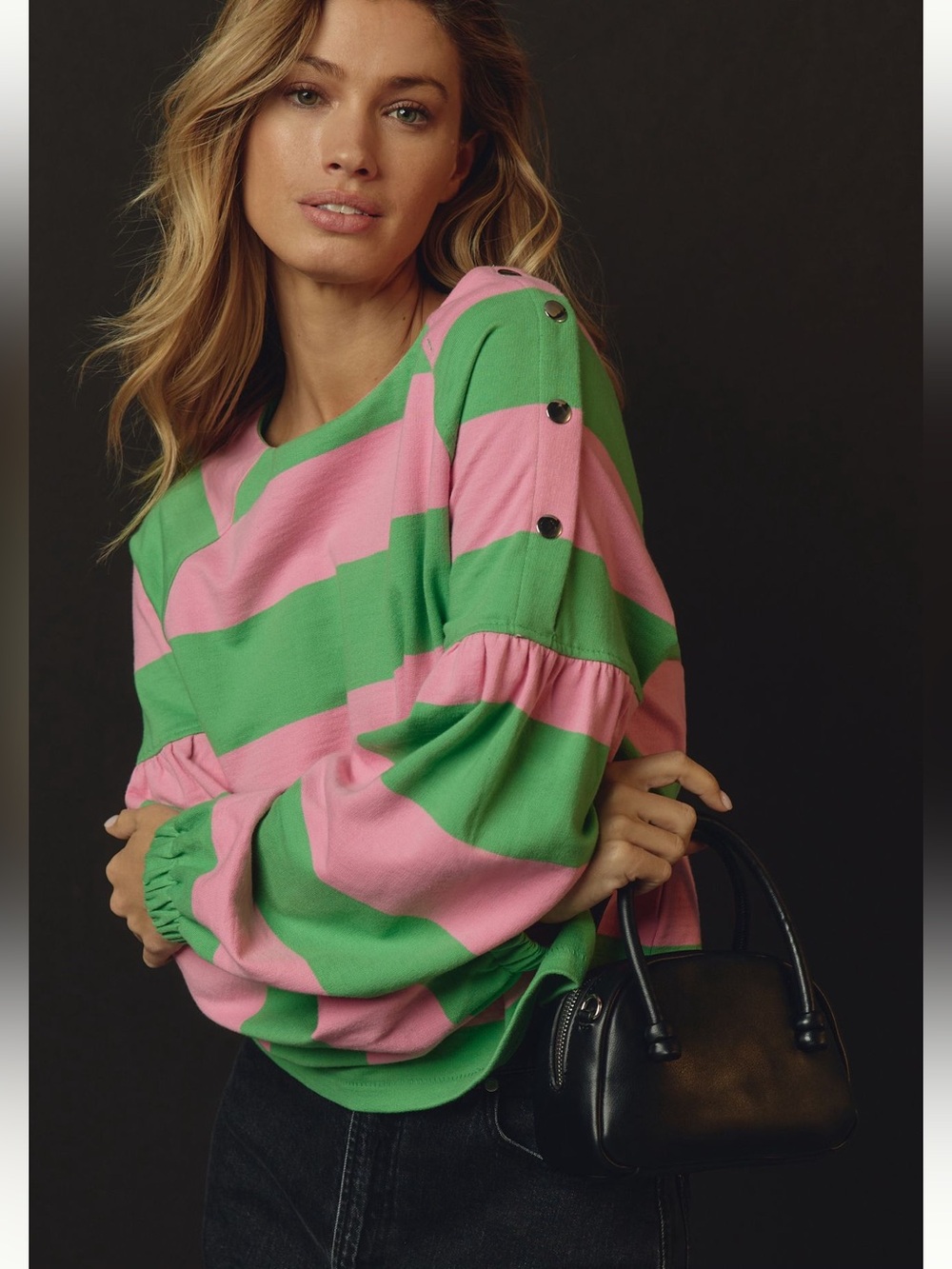 Anthropologie Maeve Pink Green Striped Snap Shoulder Balloon Sleeve Sweatshirt